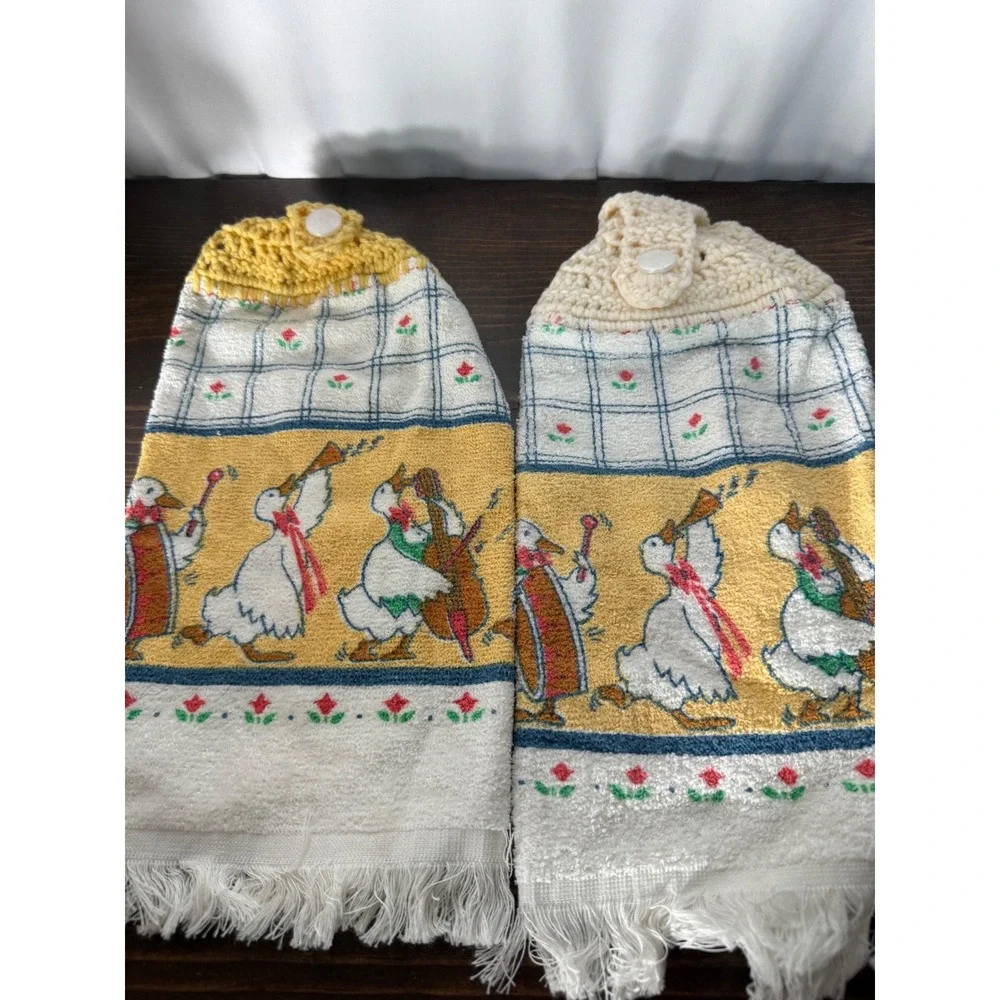 Vintage Musical Geese Hanging Kitchen Towels Set of 2 Crocheted Top Made in USA